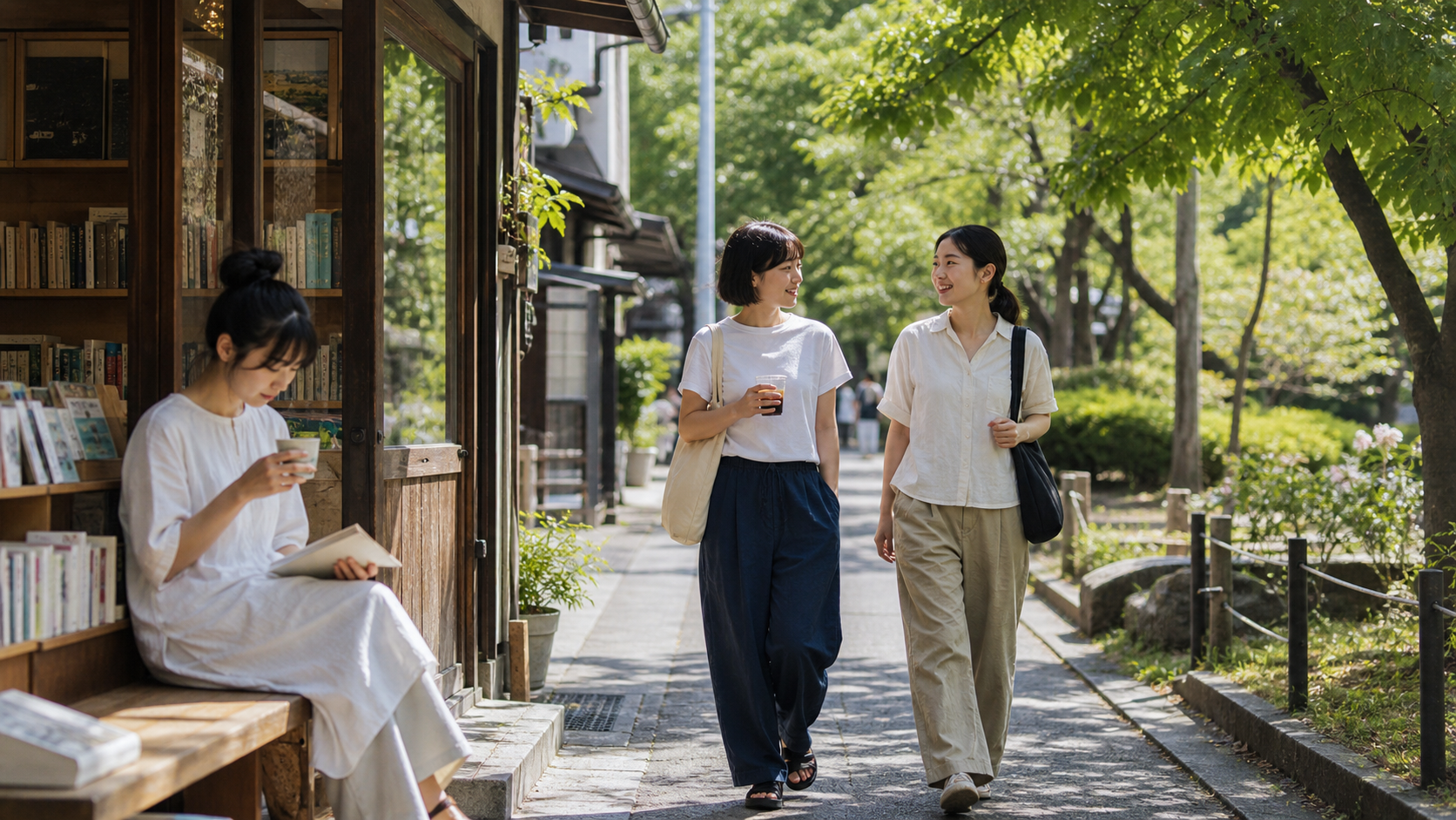 休日に本屋と公園の近くを友人と歩く人たち
