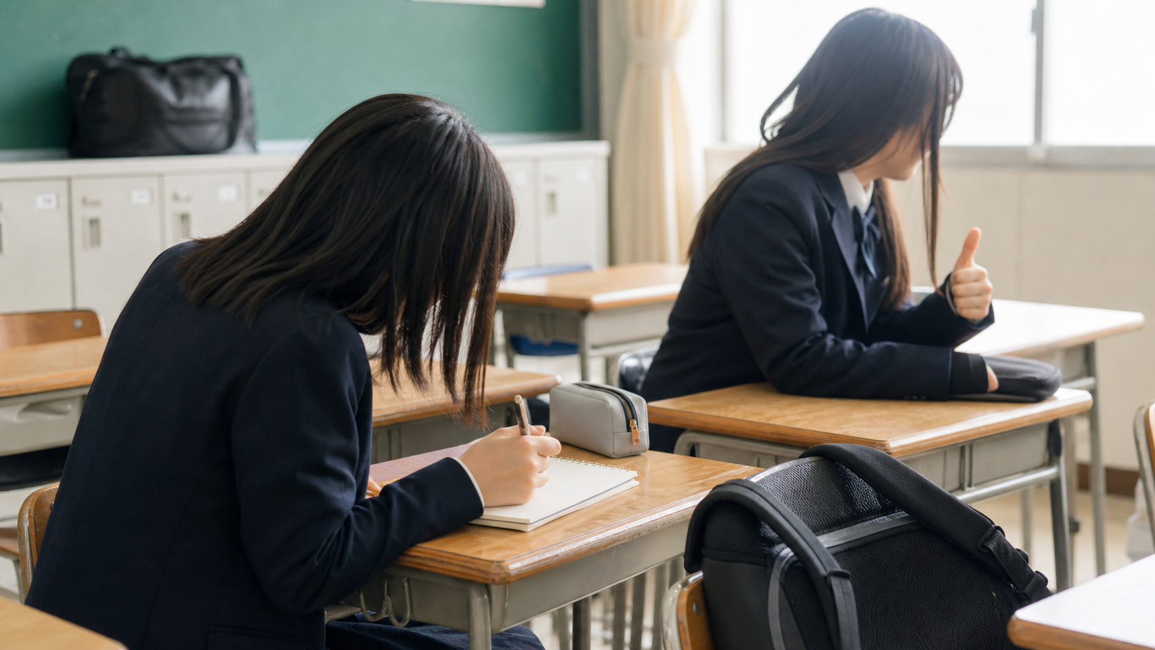席替え後の気まずい席で小さく行動する学生