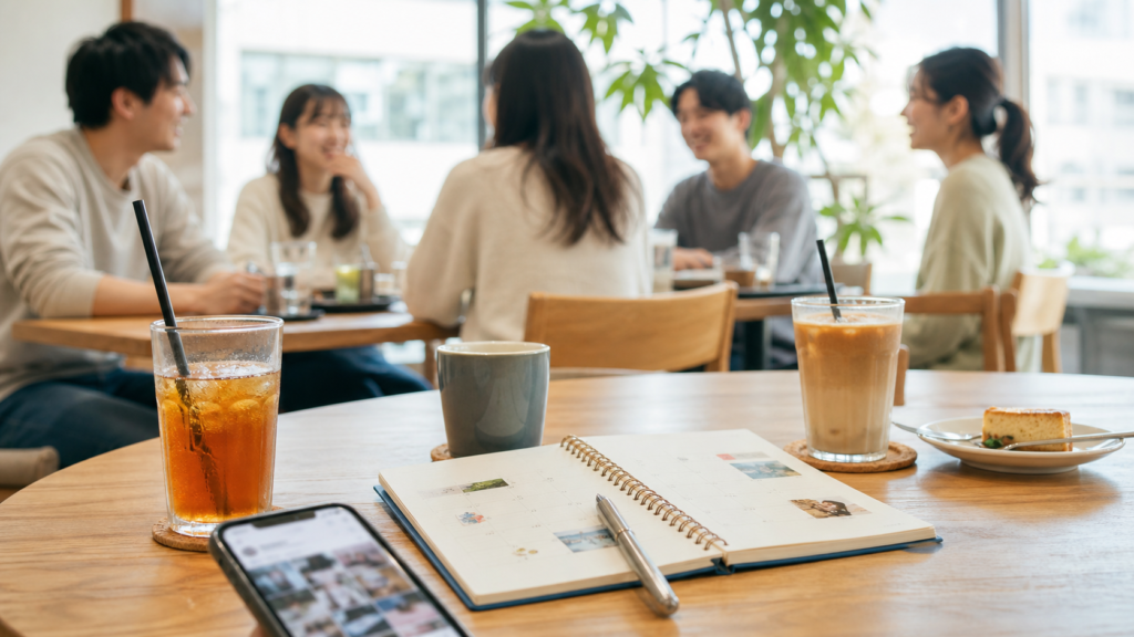 リア充あるあるを象徴するカフェと予定帳と友人のイメージ