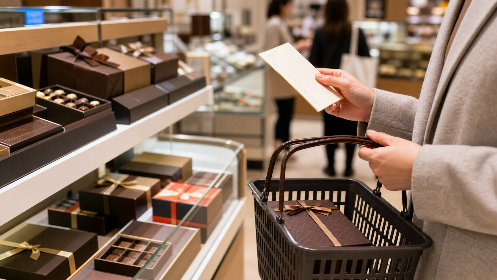 チョコ売り場がつらい時にメモを見ながら目的買いする様子