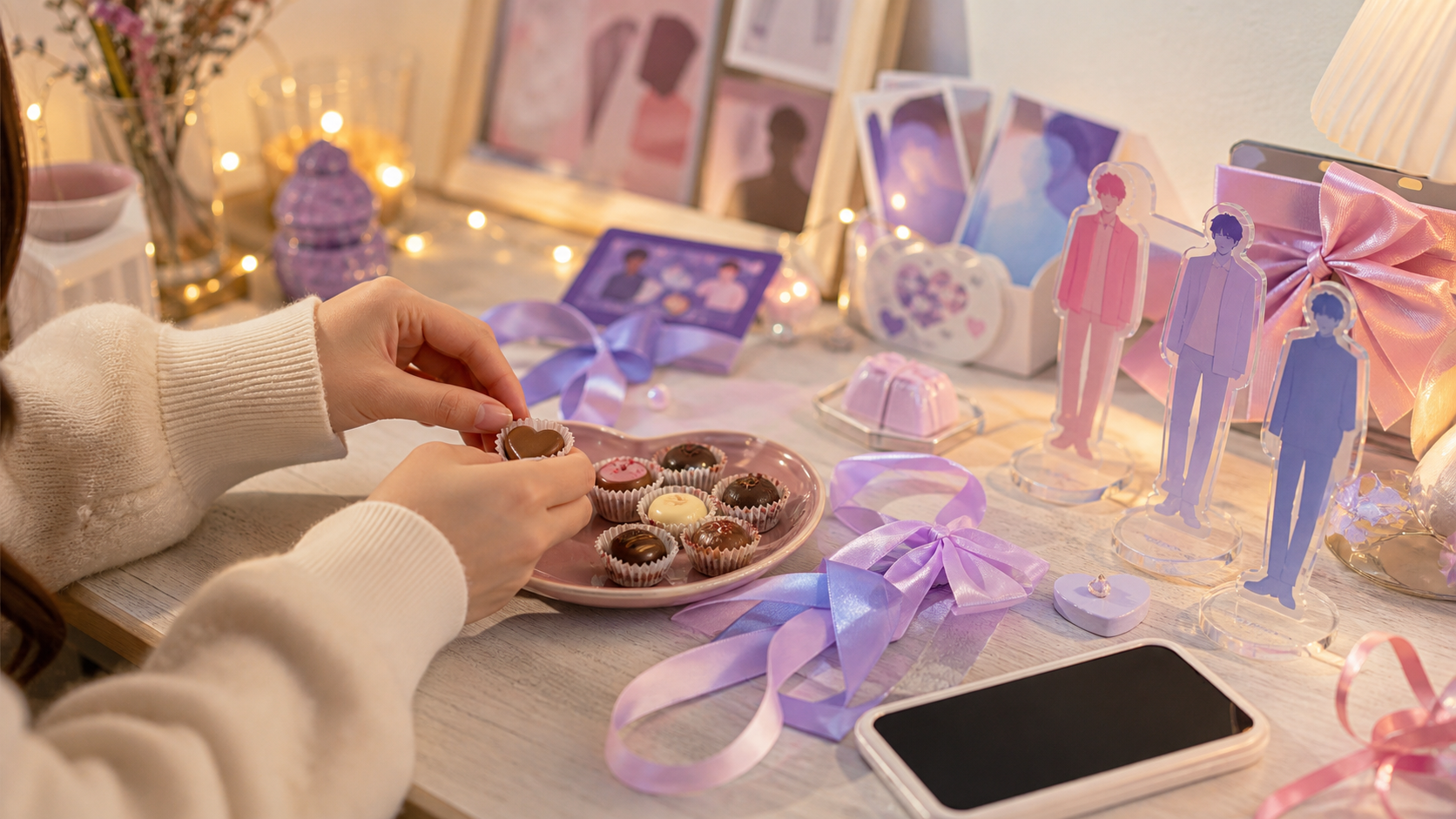 推し活としてチョコとグッズを並べて楽しむバレンタイン