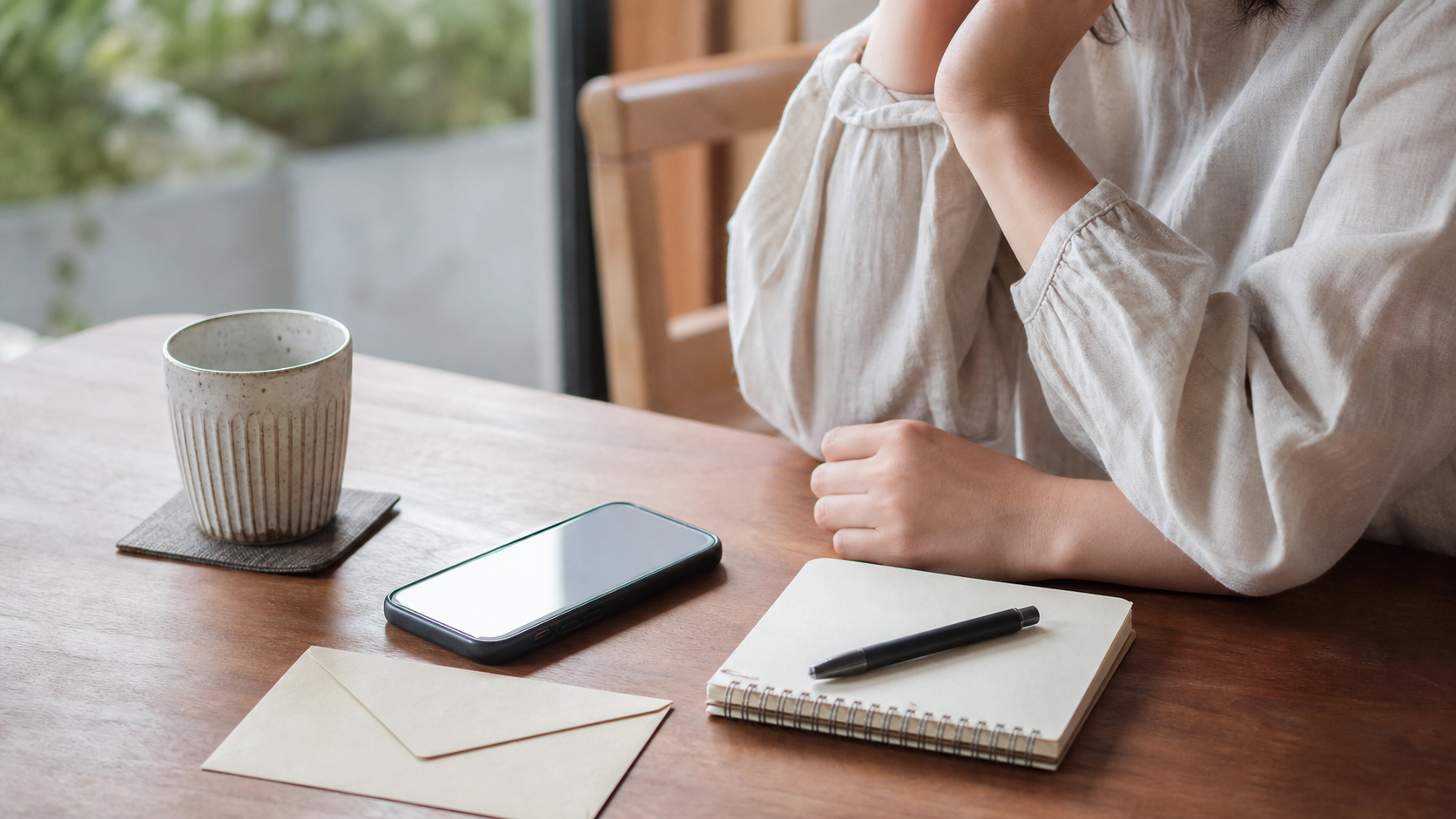 結婚式の欠席連絡文を落ち着いてスマートフォンで確認する人