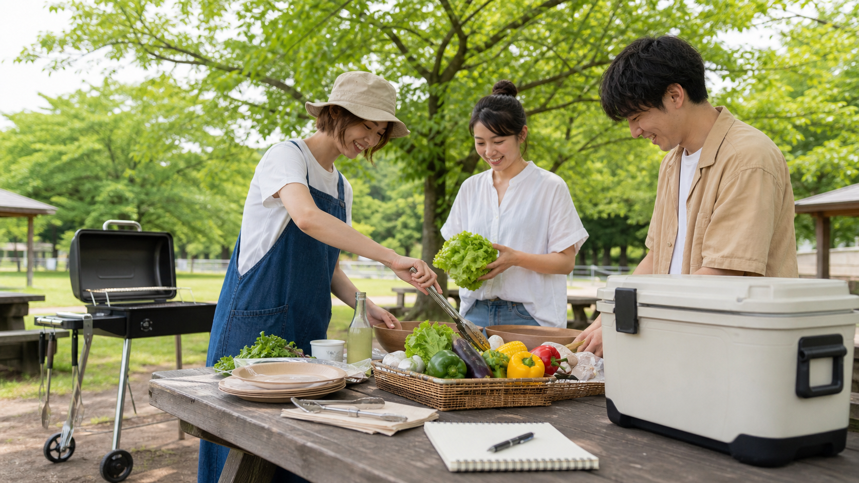 週末BBQ準備で食材や道具を並べる友人たち