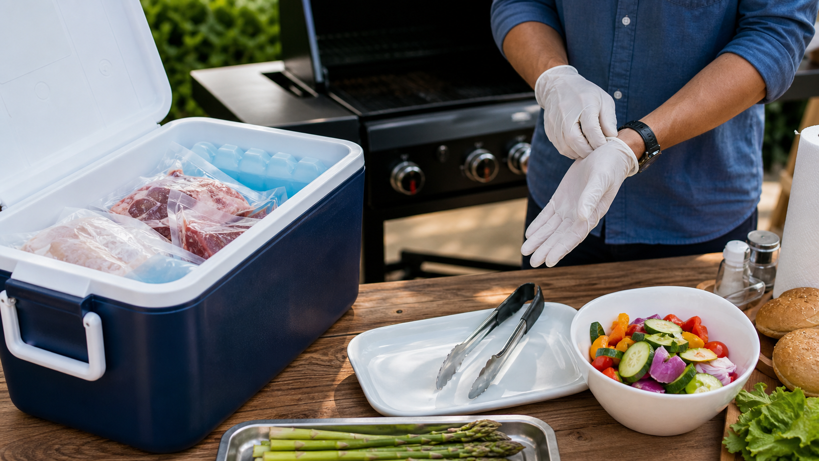 週末BBQ準備で生肉を保冷し清潔なトングを分ける食中毒対策
