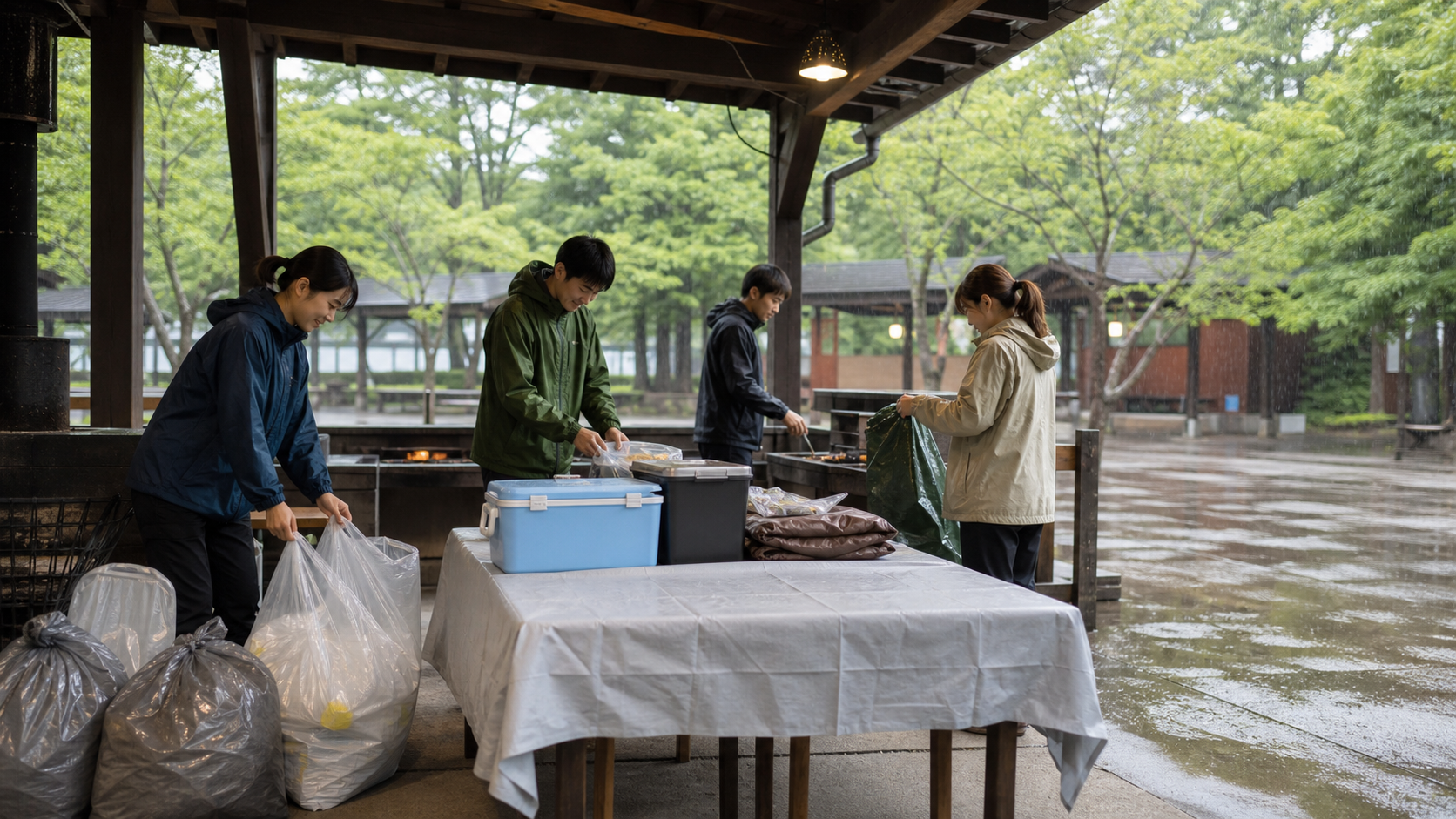 雨天時のBBQ会場でタープ下に道具と片付け用品を準備する様子