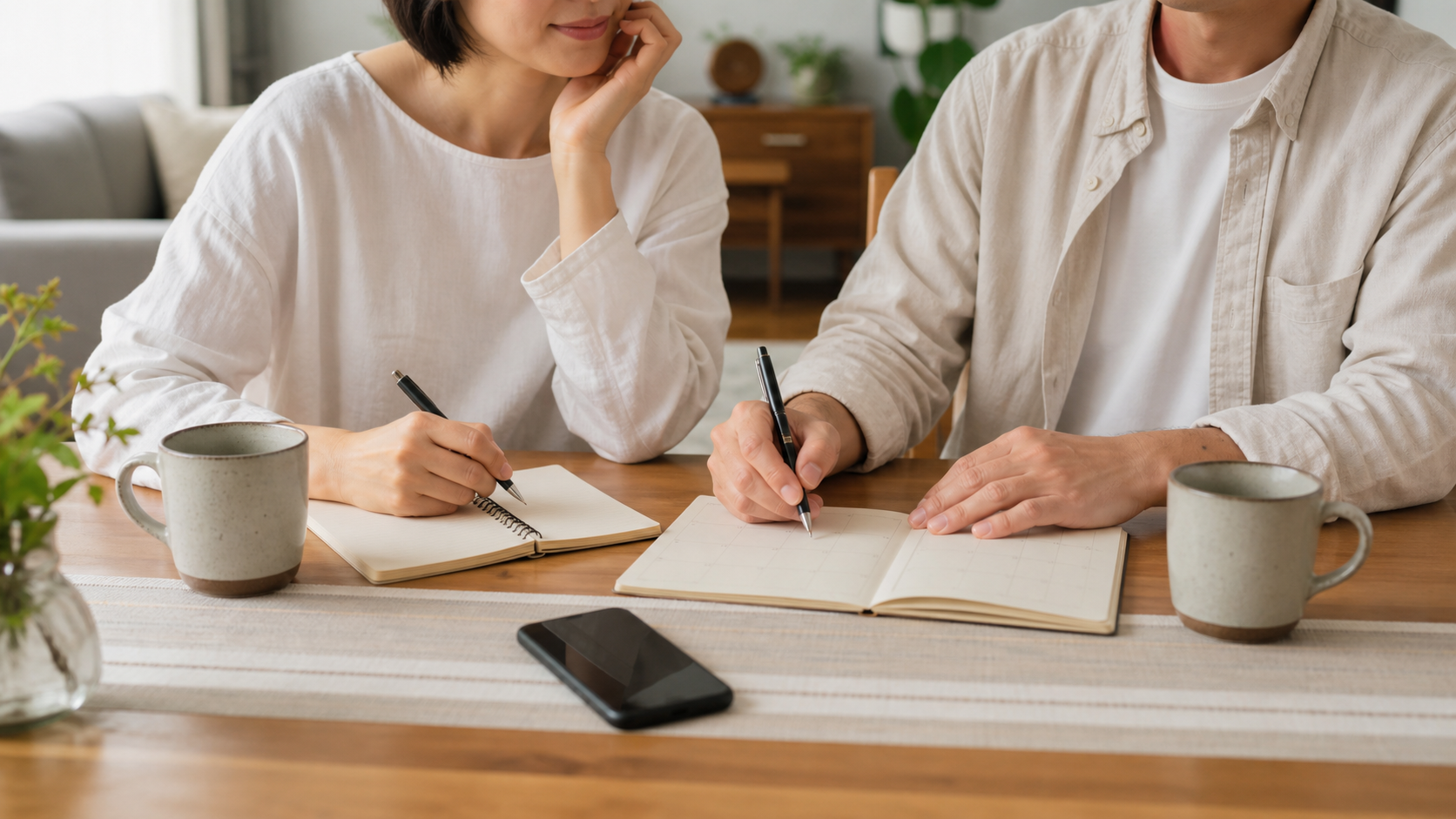 夫婦で週末の予定を話し合いながら整える様子