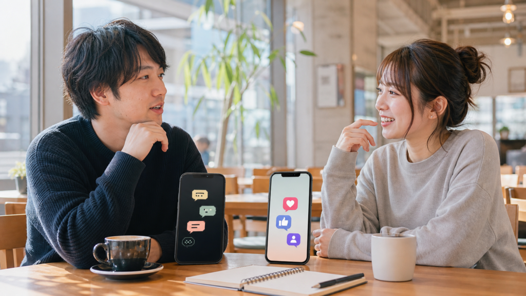 リア充は死語か今の言い方を考えるカフェ会話のイメージ