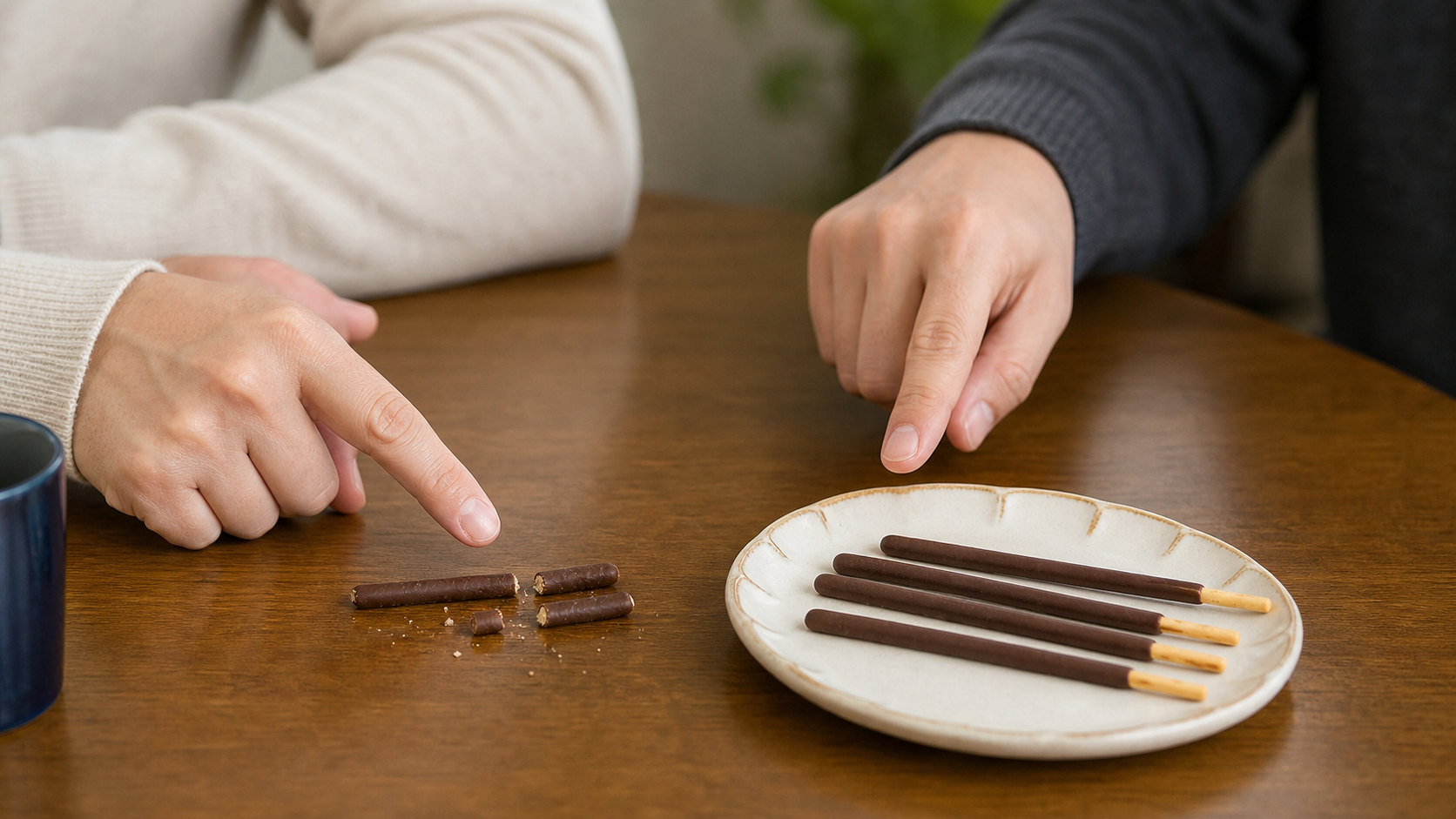 折れたポッキーで勝ち負けの判定を確認する手元
