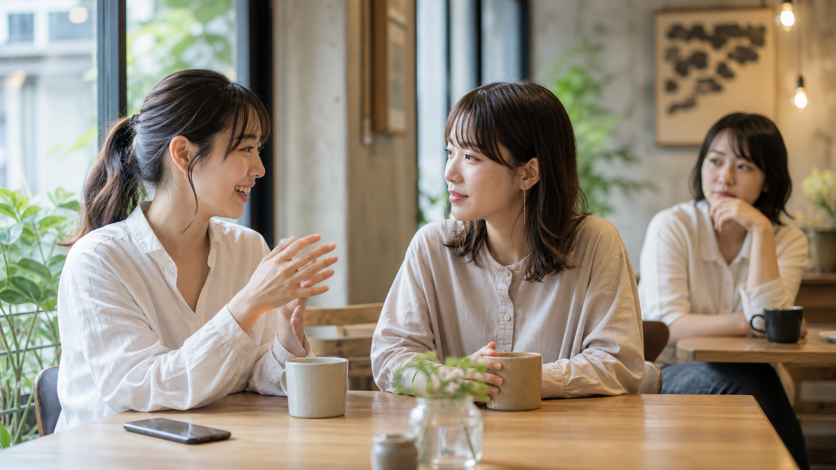 会話の共有が自慢に見える境界線を考えるカフェの様子