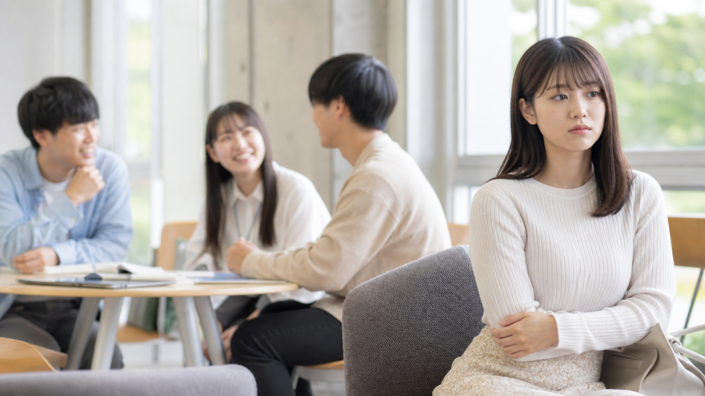 楽しそうなグループと距離を置く人からリア充が嫌われる理由を考えるラウンジの様子