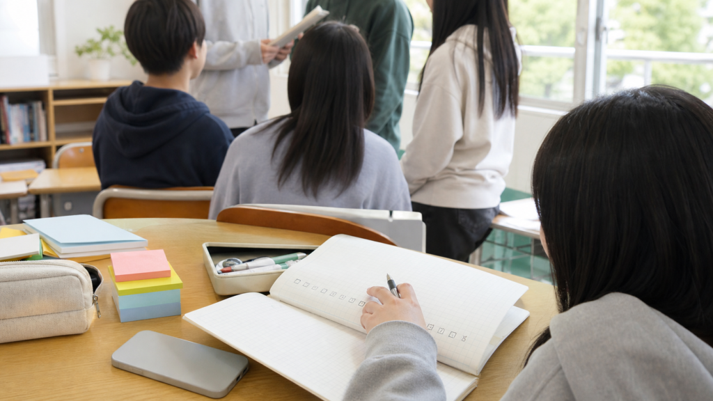 中学生向けリア充診断を教室でチェックするイメージ