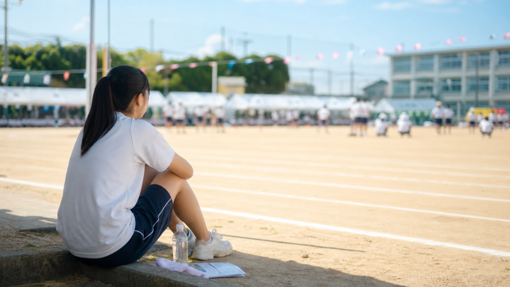 体育祭で一人でも落ち着いて過ごすために校庭の端で休む生徒