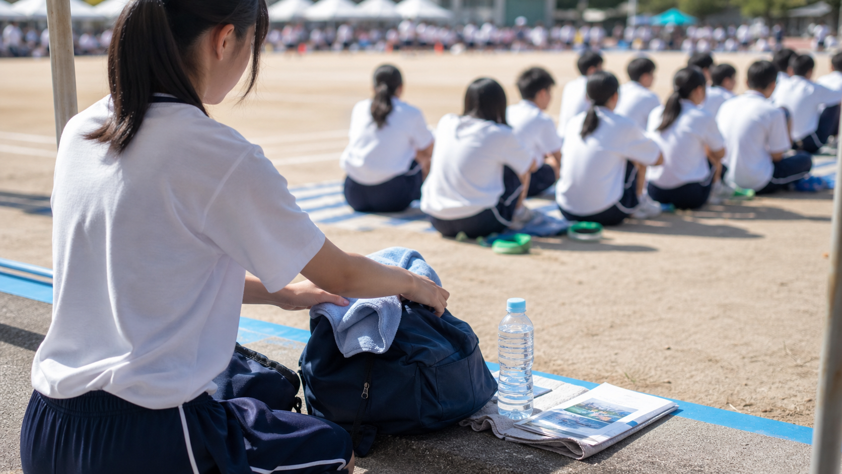 体育祭の応援席で荷物と水筒を置いて自分の居場所を作る生徒