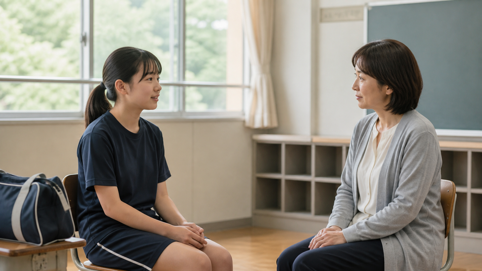 部活を続けるか辞めるか先生に相談する生徒