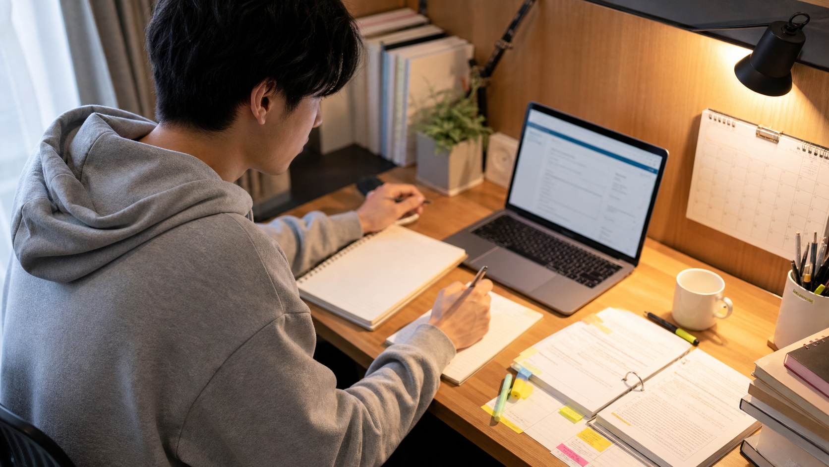 欠席後に授業資料と課題締切を整理する大学生