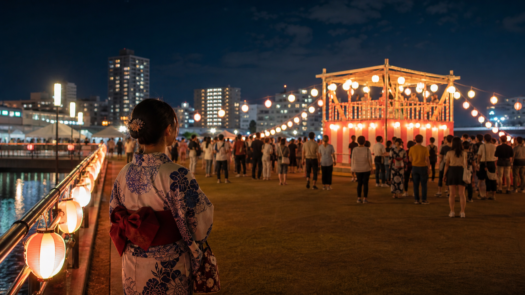 ぼっち夏祭りで盆踊りを混雑の端から落ち着いて見る人