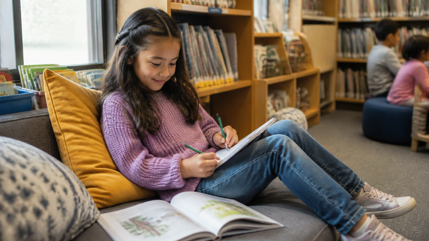 学校の図書室で一人の時間を穏やかに楽しむ小学生