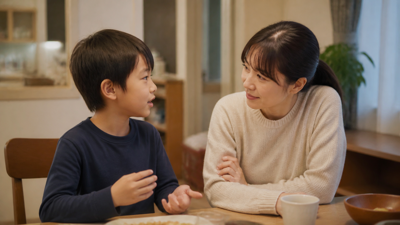 友達関係について話す小学生の話を穏やかに聴く親