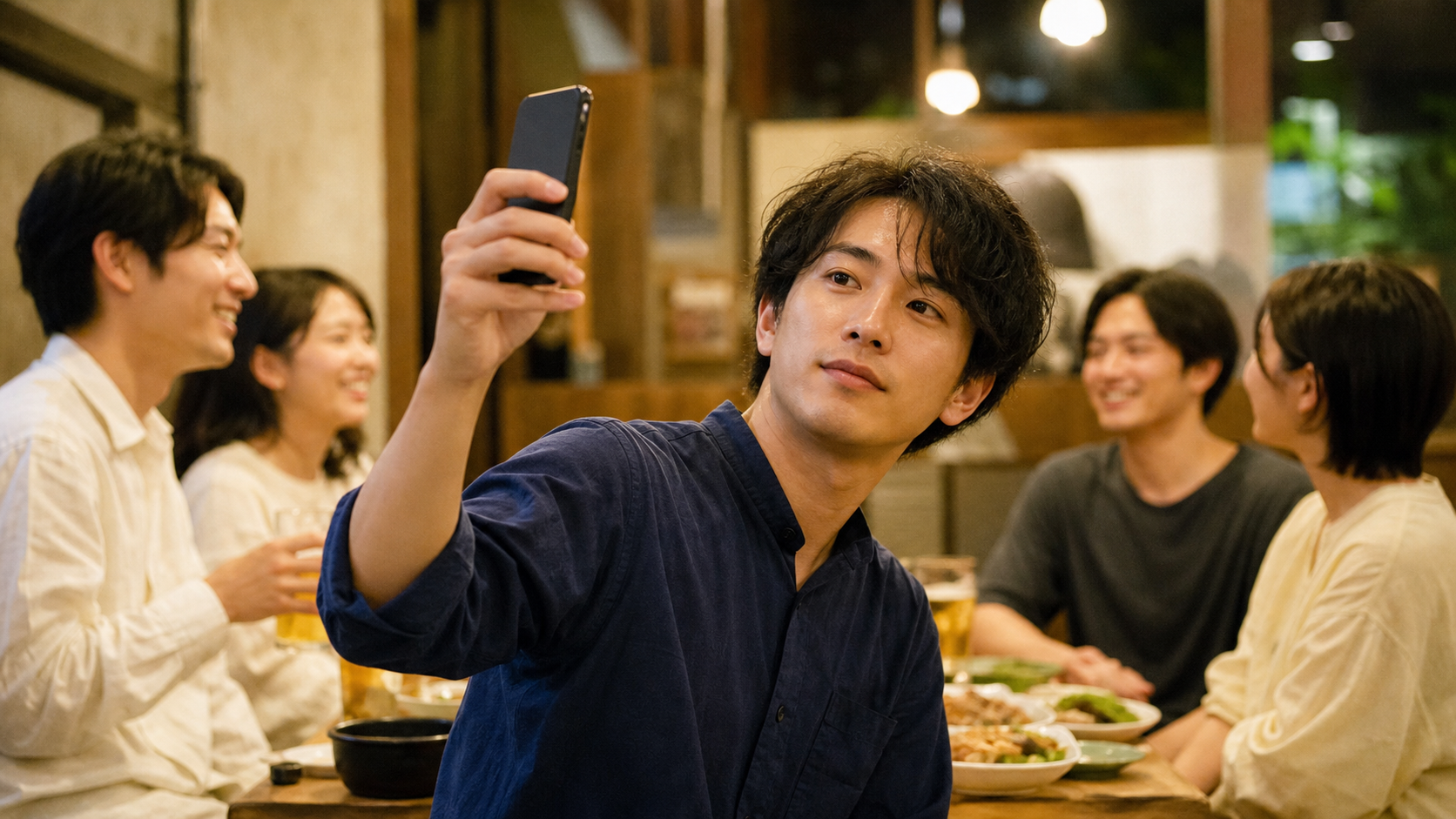 友人との集まりをSNSへ投稿する男性