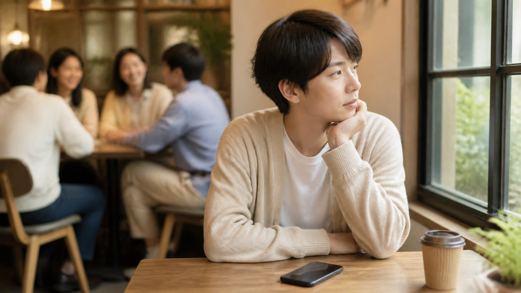 友達に自分だけ誘われないと感じ、窓辺で落ち着いて考える人