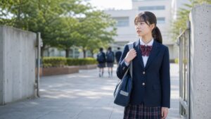 学校でぼっちで行きたくない朝に校門前で立ち止まる高校生