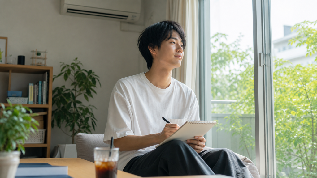 大学生が夏休みを一人で穏やかに過ごしながら予定を考える様子