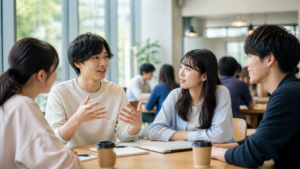 陽キャの今の言い方を考えながら会話する若者グループ