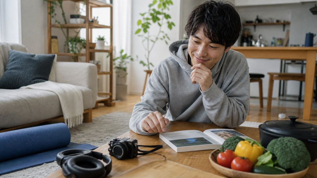 社会人が休日に読書やカメラなどの趣味候補を選ぶ様子