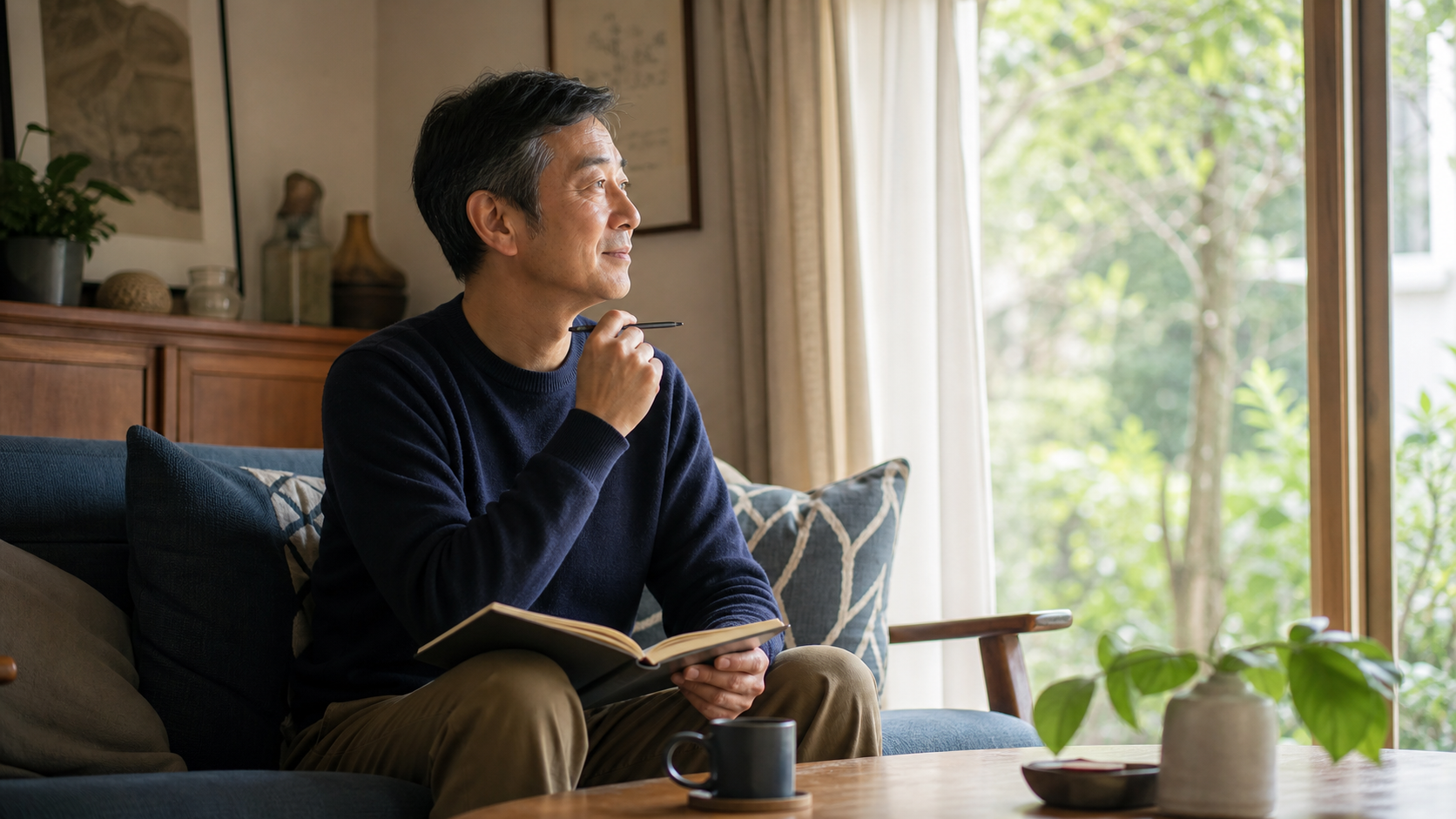 50代で友達がいないことを考えながら穏やかに過ごす男性