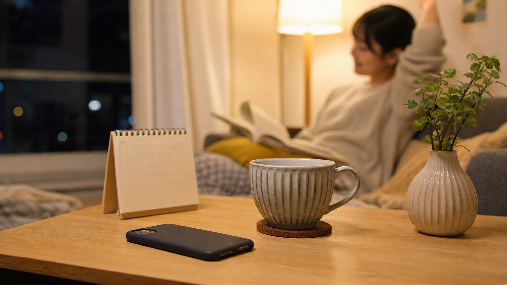 LINE返信を待つ時間を決めてスマホを置く夜の部屋