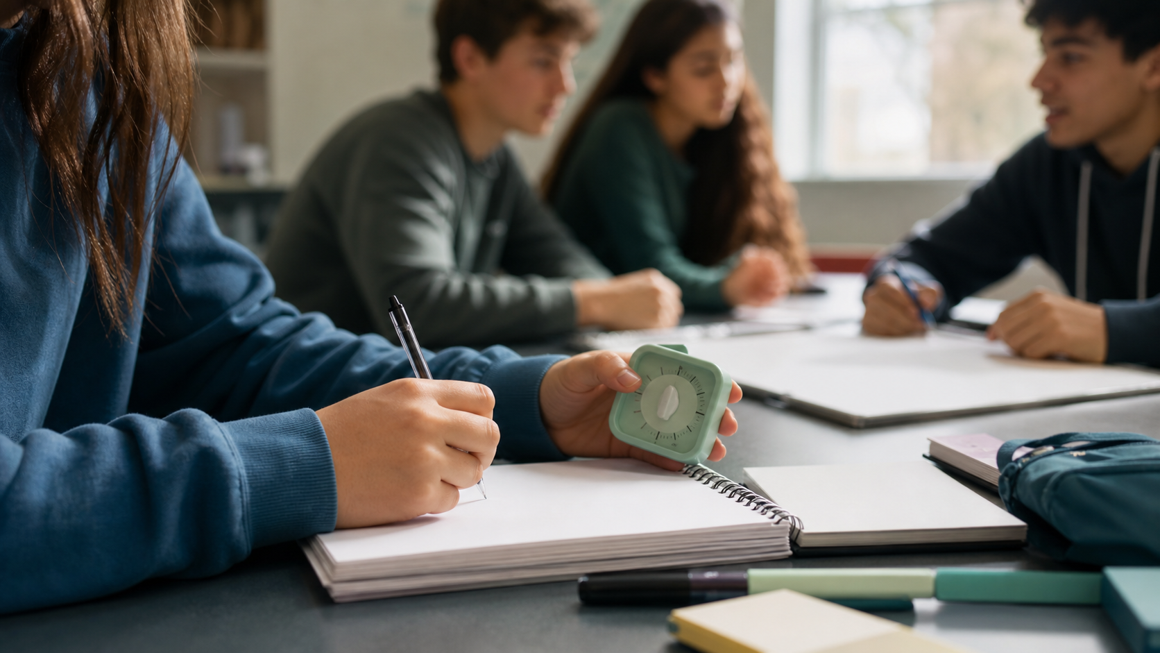 グループワークで記録係や時間確認の役割を持って参加する学生