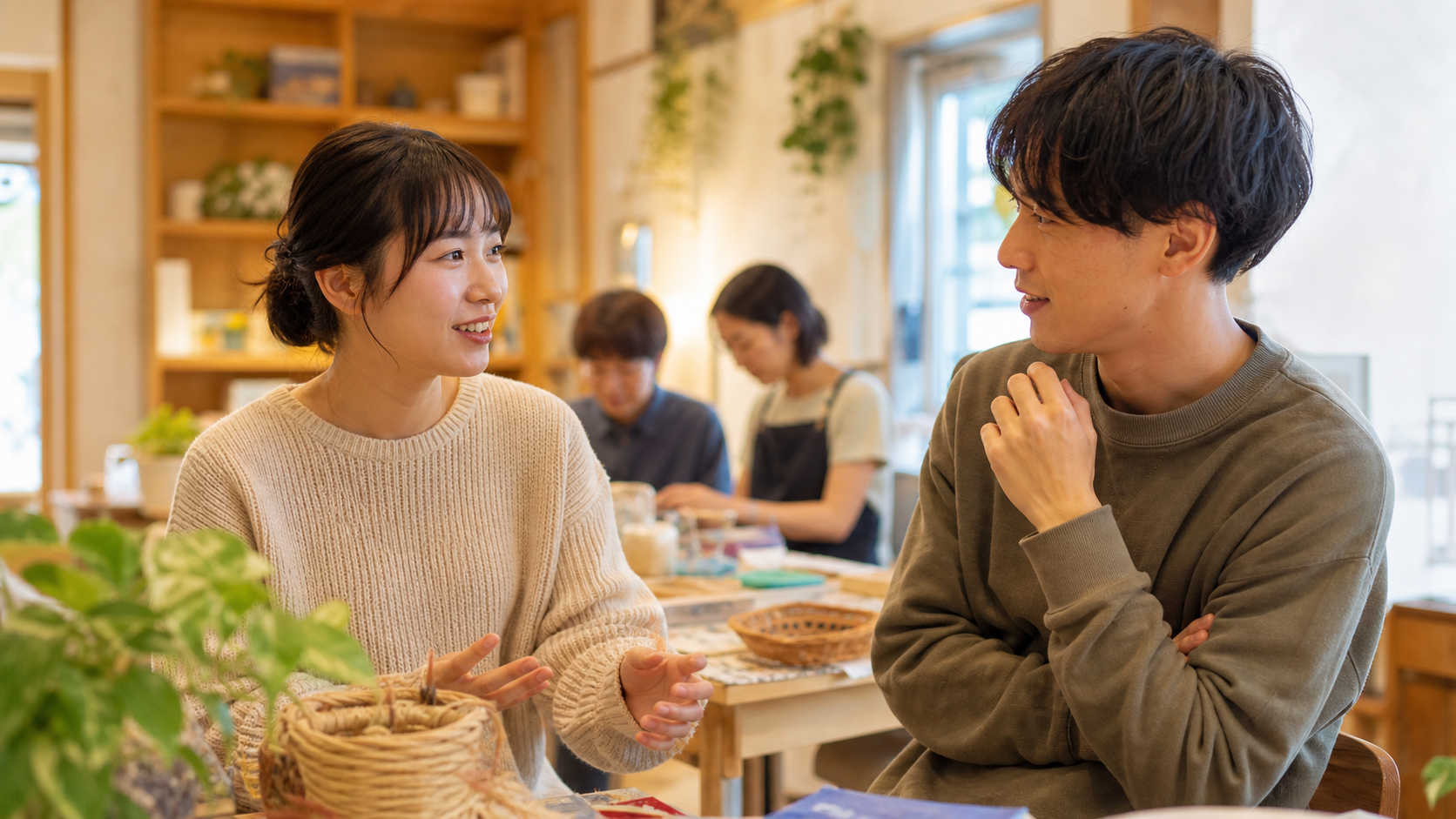 趣味の場で短い会話を重ねて人間関係を作る二人
