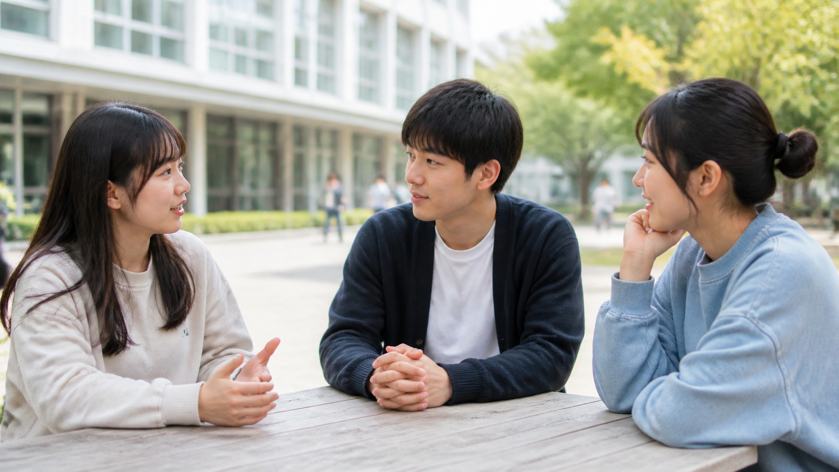 3人組で仲間外れに感じた時に穏やかに声をかける場面