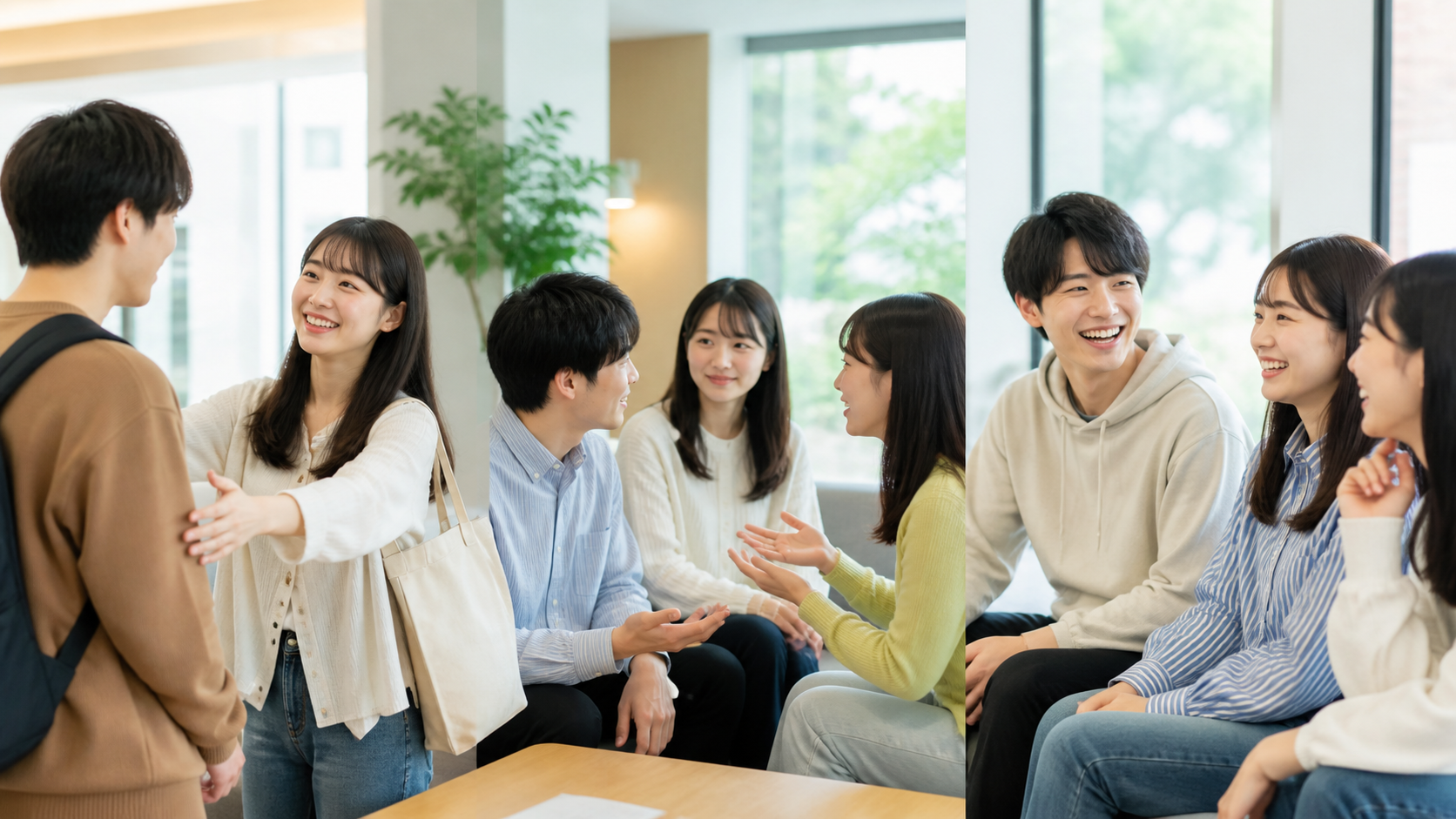 社交的で明るい行動を具体的に表す若者の交流場面