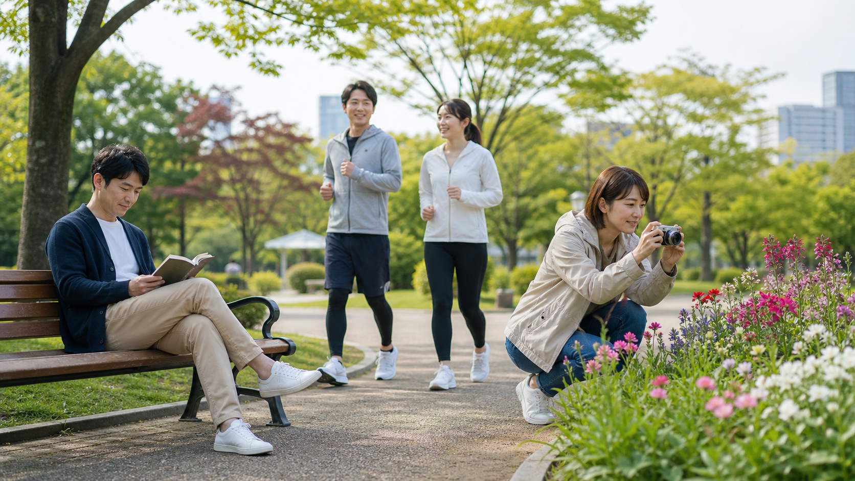 社会人が公園で読書・写真・ウォーキングの趣味を楽しむ様子