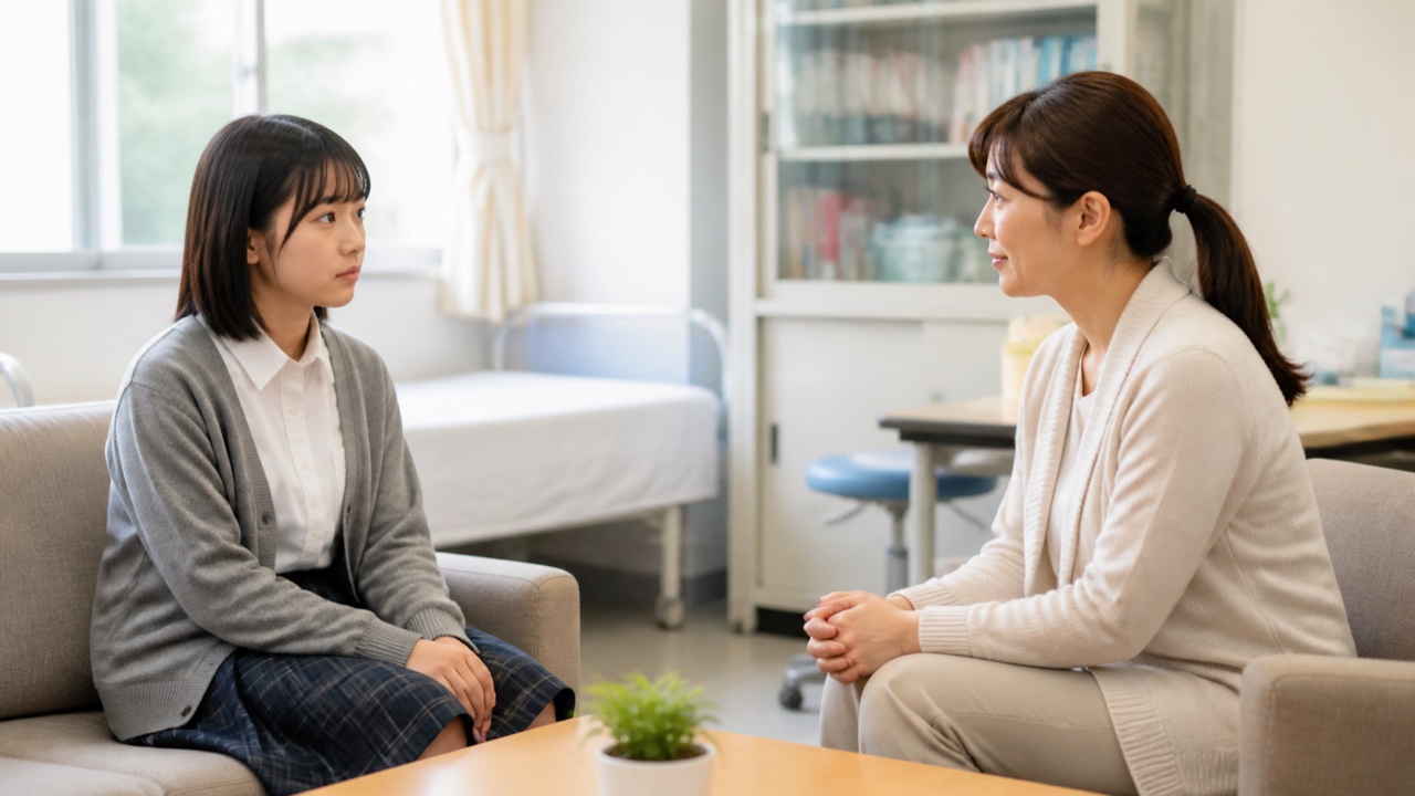 保健室で養護教諭に学校の悩みを相談する高校生
