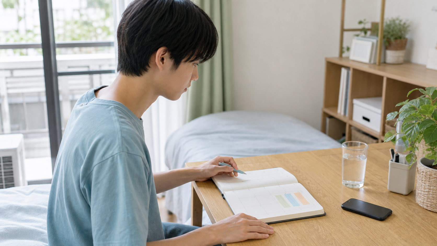 大学生が夏休みの生活リズムを整えるため週間計画を立てる様子