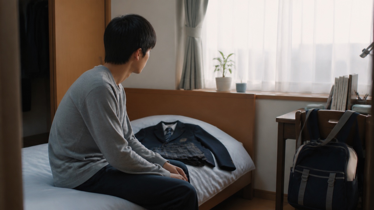 学校へ行くか休むか朝の体調を確認する高校生