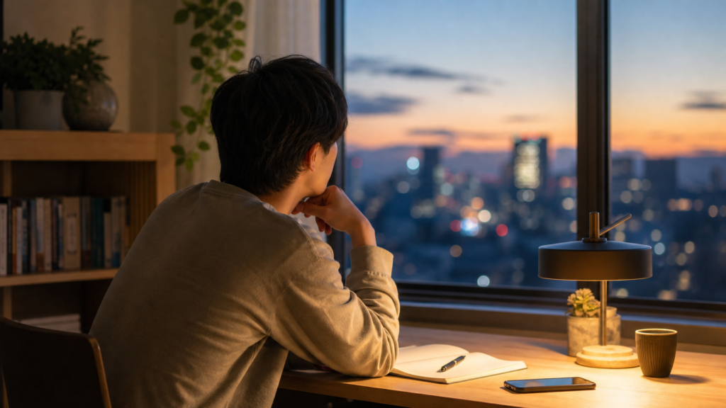 窓辺でノートを開き非リア充とは何かを考える若者の後ろ姿