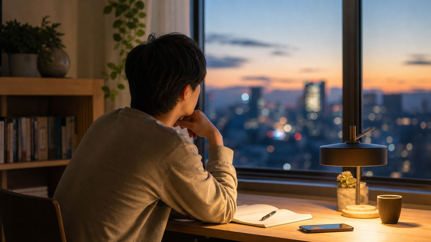 窓辺でノートを開き非リア充とは何かを考える若者の後ろ姿