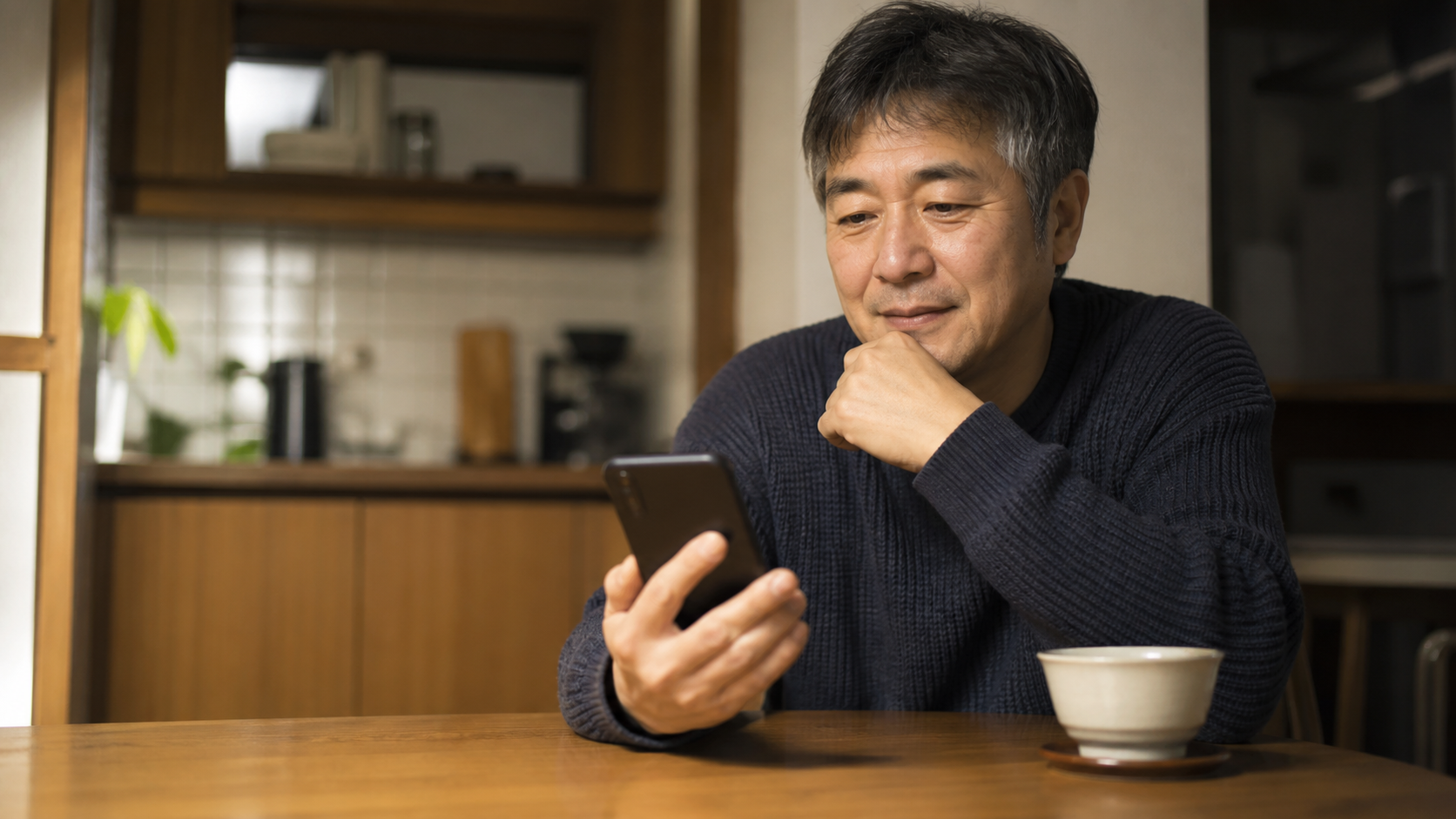 昔の友人へスマートフォンで短いメッセージを送る50代男性
