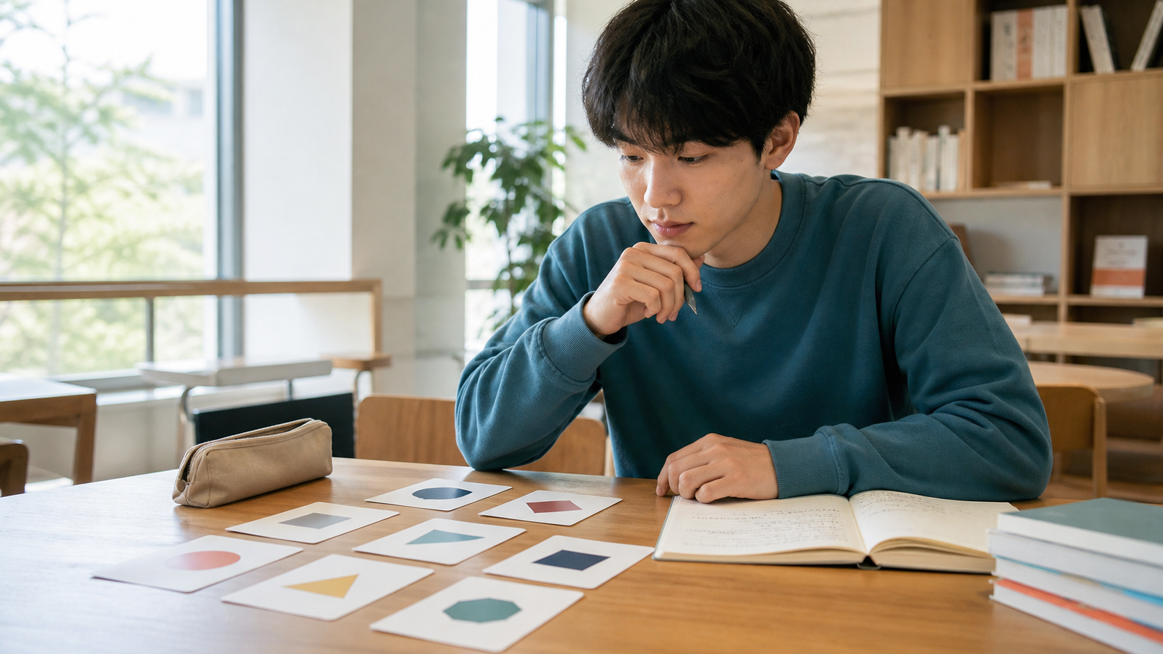 性格タイプのカードとノートを見比べながら自分の傾向を考える大学生