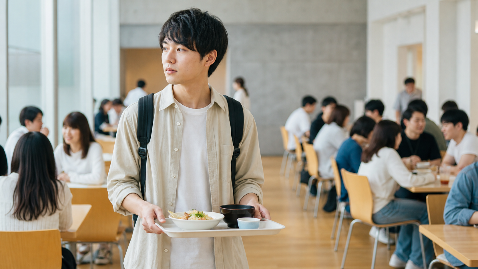 大学食堂で知り合いを探して周囲を見る学生