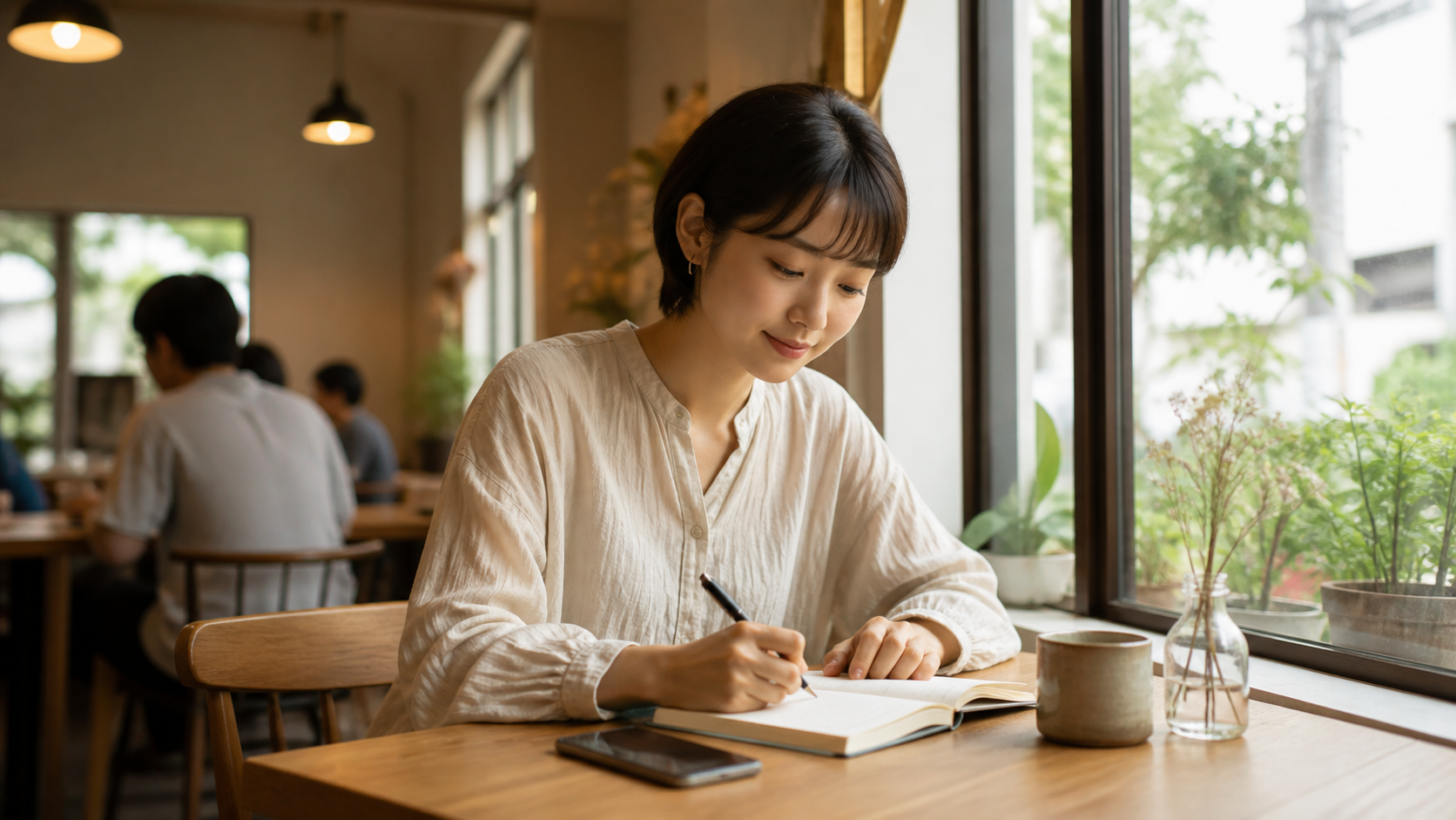スマホを伏せて自分の希望をノートに書く女性