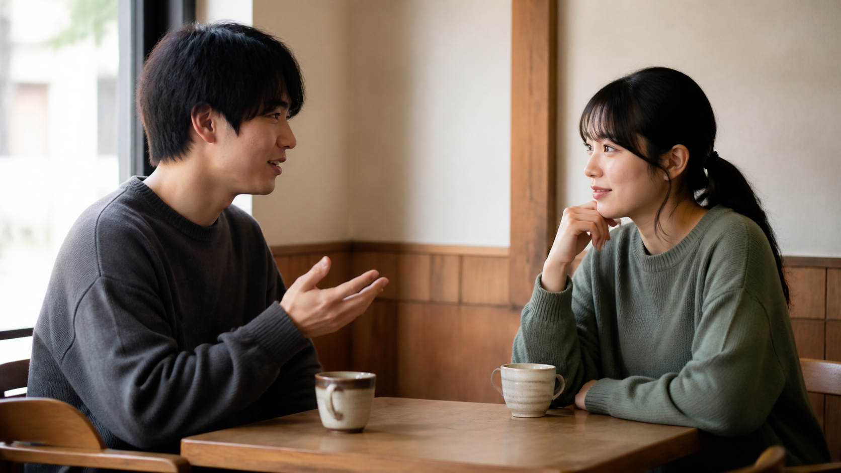 リア充という言葉の使い方を穏やかに話す二人の友人