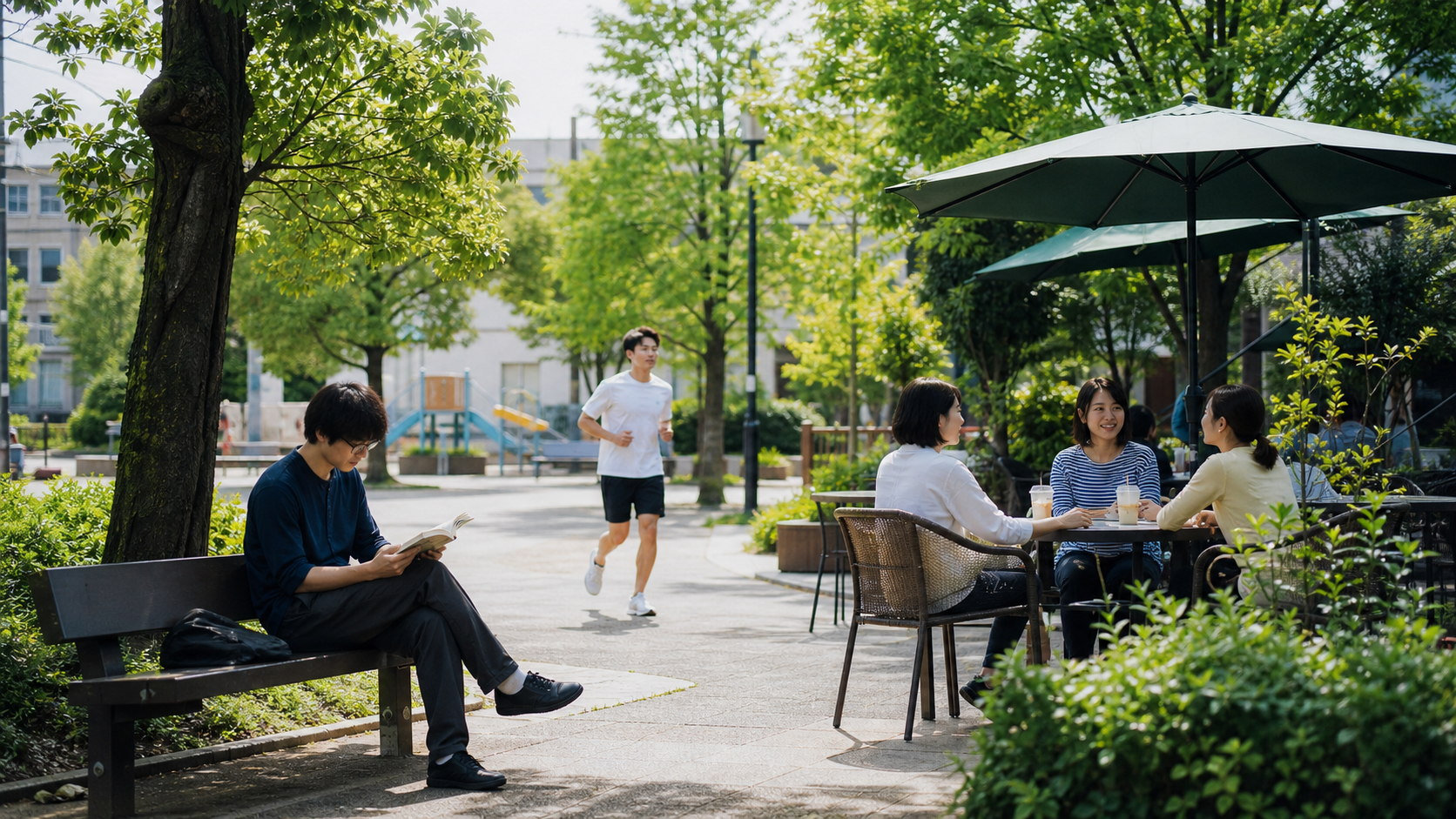 読書や友人との会話や運動など多様なリア充の意味を表す公園の風景