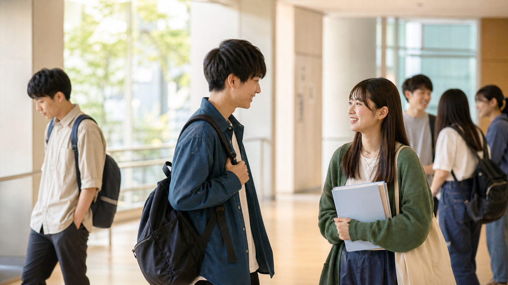 大学で知り合いと話す学生と一人で移動する学生