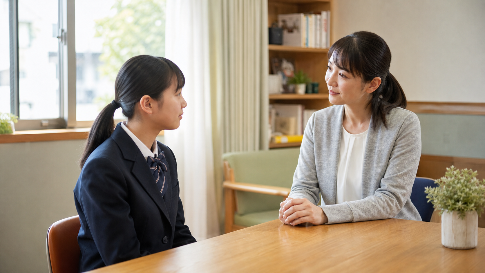 学校の相談室で先生に気持ちを伝える中学生