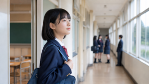 中学校の廊下で穏やかに前を向く生徒