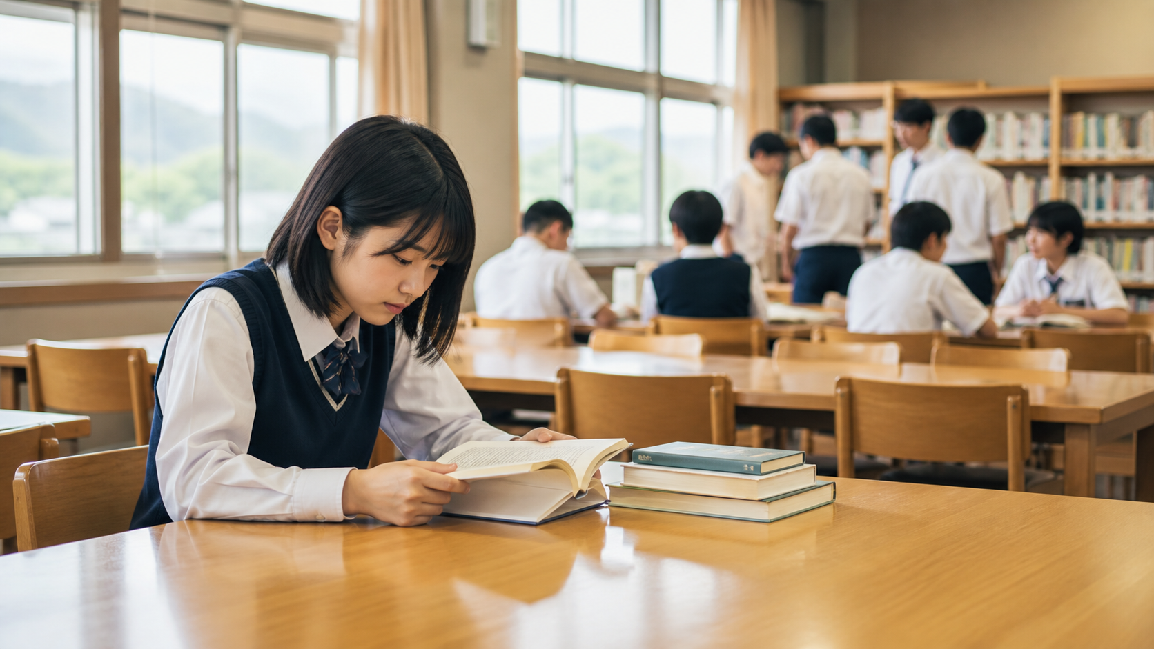 昼休みの図書室で落ち着いて本を読む中学生